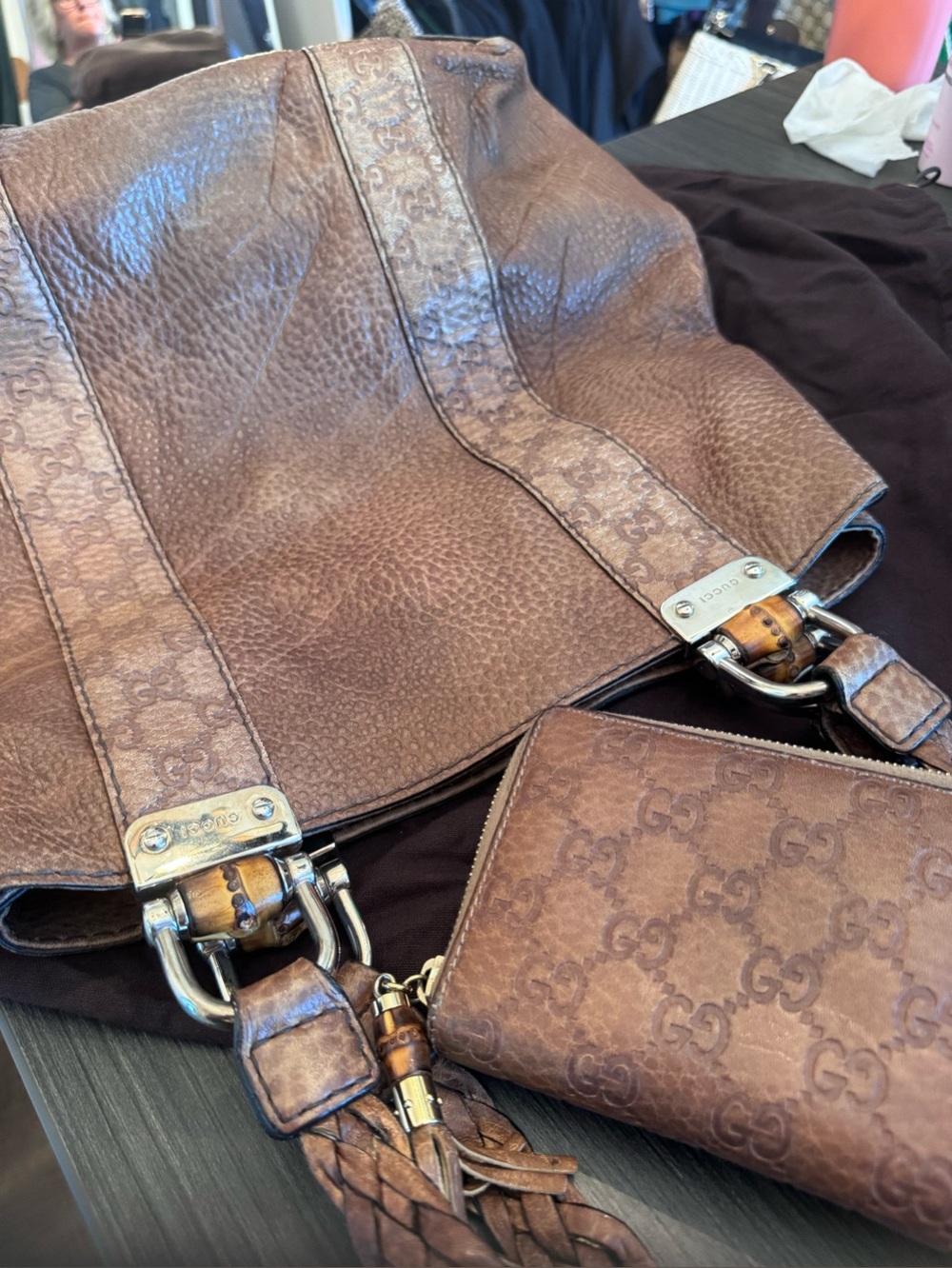Gucci Brown Leather Braided-Handle Tote Bag